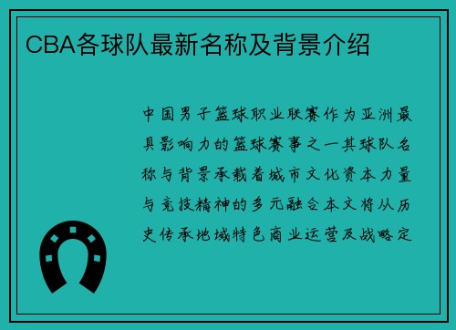 CBA各球队最新名称及背景介绍